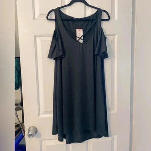 Stretchy Women’s Black Cold Shoulder‎ Criss Cross Straps Flowing Shirt XL to 1X